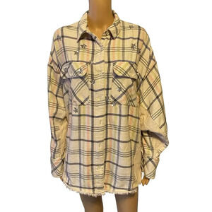 FREE PEOPLE Womens Shirt Jacket Size S Oversized Constellations Beige Plaid Top